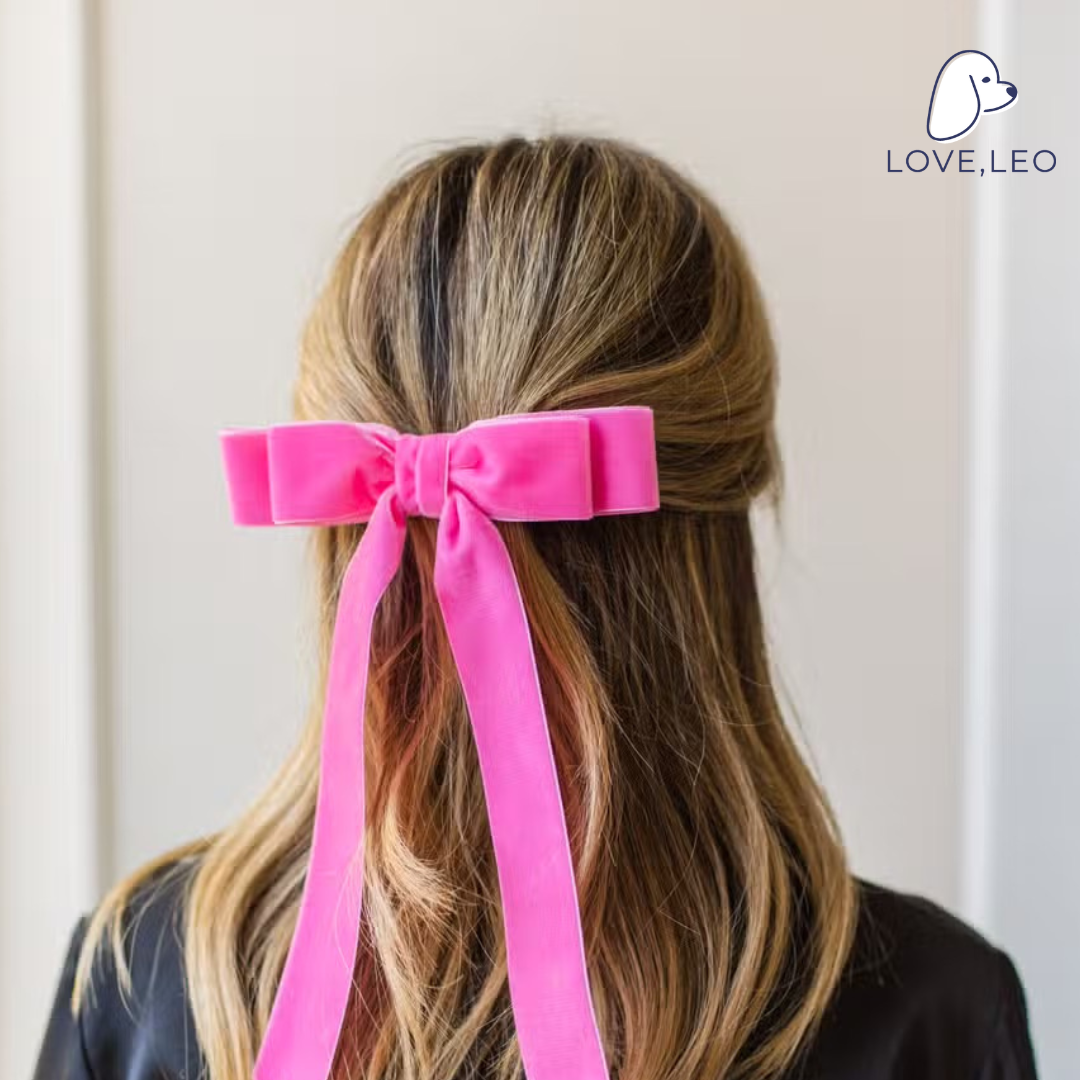 Luxe velvet hair bows are the perfect hair accessory for women and children. The Judy Long Bow is considered a "stacked" bow and features beautiful long ribbon tails. Each bow is made with soft, luxurious velvet ribbon! Dimensions The Judy Long Bow measures approximately 6.75" wide and tails are approximated 11" long from top of bow to longest tip. This bow is secured on a 3" French barrette. *Luxe Velvet Ribbon * “Stacked” Bow * French Barrette