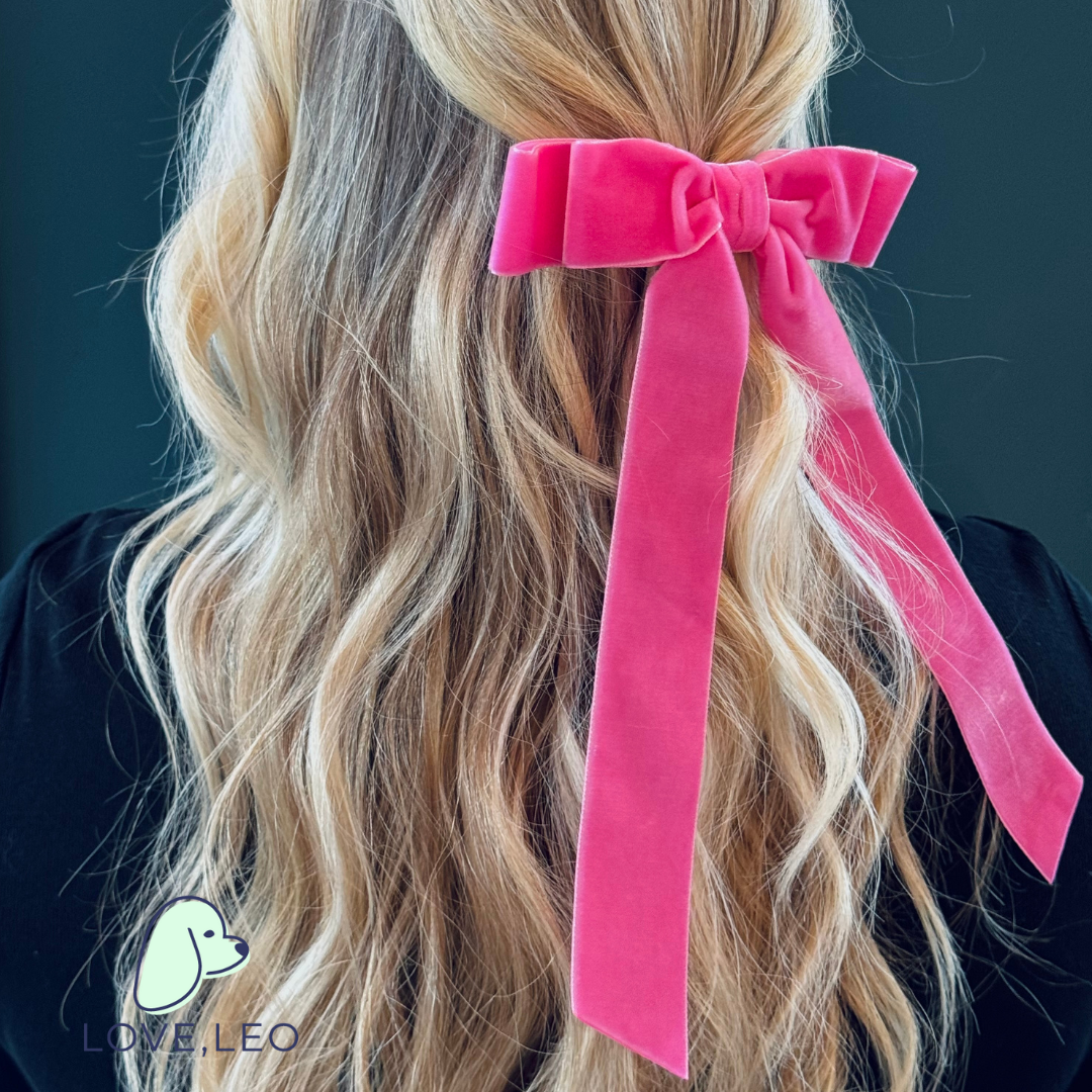 Luxe velvet hair bows are the perfect hair accessory for women and children. The Judy Long Bow is considered a "stacked" bow and features beautiful long ribbon tails. Each bow is made with soft, luxurious velvet ribbon! Dimensions The Judy Long Bow measures approximately 6.75" wide and tails are approximated 11" long from top of bow to longest tip. This bow is secured on a 3" French barrette. *Luxe Velvet Ribbon * “Stacked” Bow * French Barrette