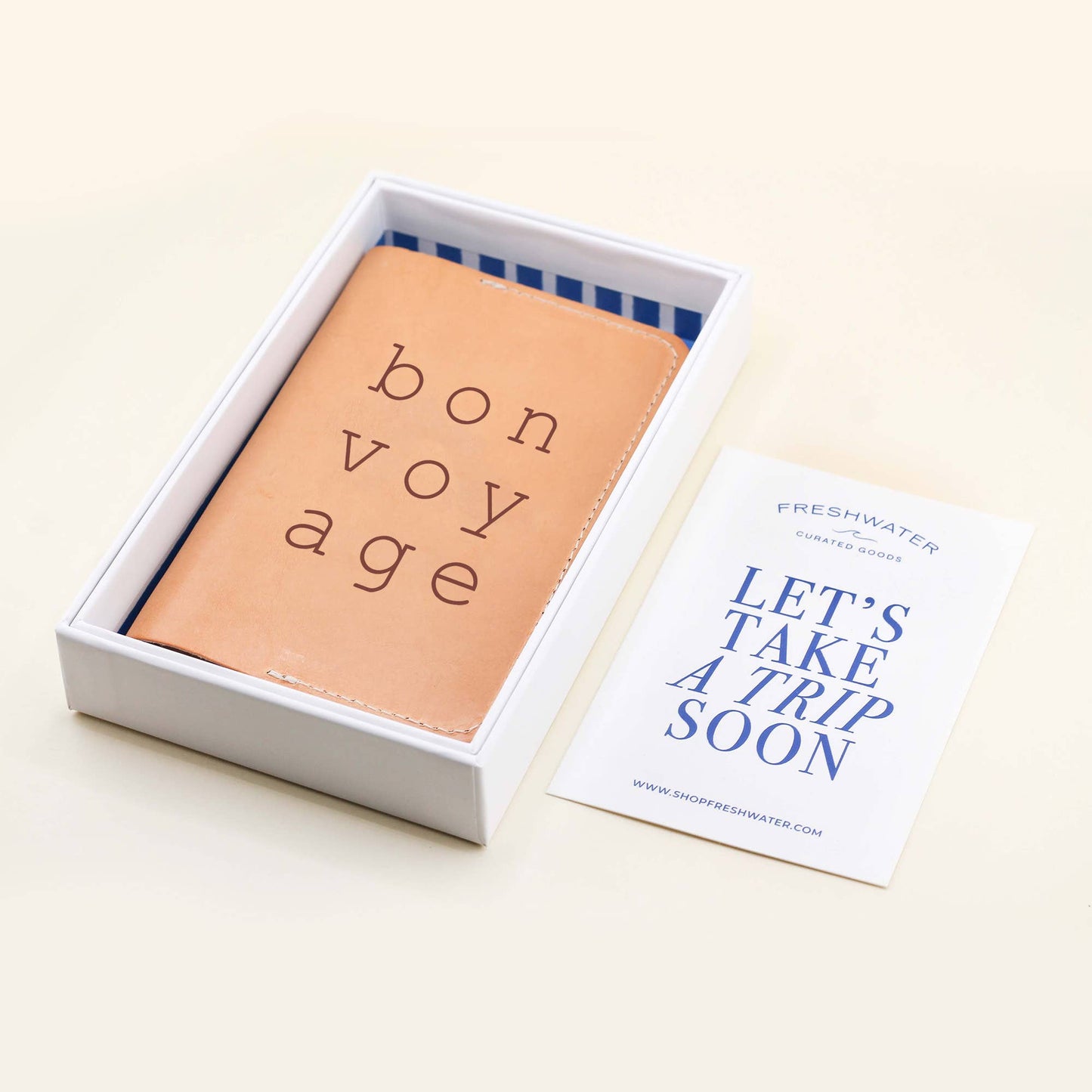 Where ever you may go, take our handcrafted Bon Voyage Passport Cover along for the journey. DETAILS: Individual Size: 6" L x 4" H Made of Top-Grain Leather with a Suede Strap Interior includes two pockets Comes packaged in a beautifully branded Freshwater box CARE INSTRUCTIONS: Wipe with a soft, dry cloth