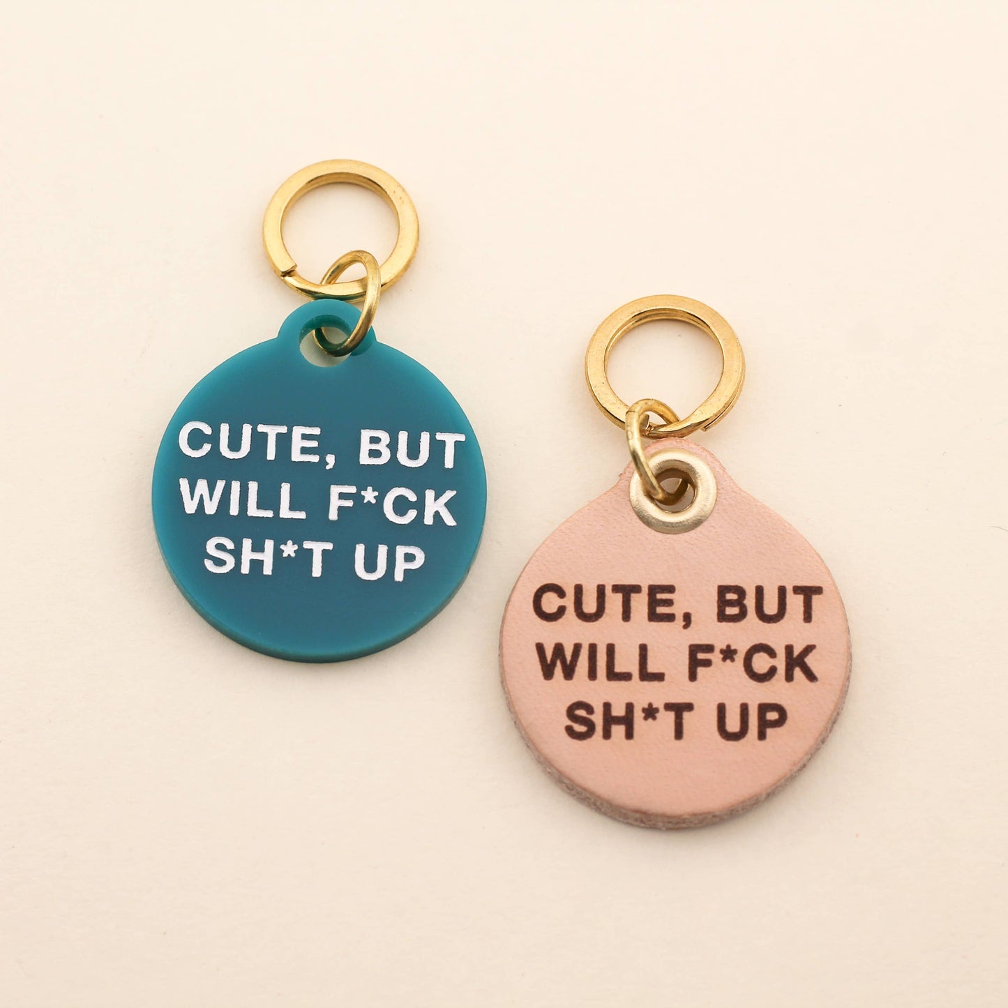 Our Cute But Will F*ck Sh*t Up Pet Tag comes in our high-quality Jade Green Acrylic! Pet tags are sold individually Size: 1.25" L by 1.4" H Made of high-quality acrylic with color-fill Handcrafted in Augusta, Georgia